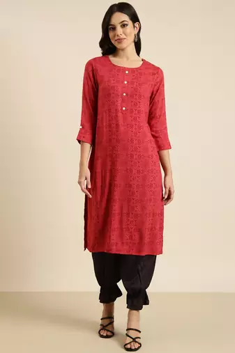 women's calf length round neck red geometric straight kurta