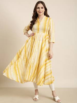 women's calf length v-neck yellow embellished anarkali kurta 5