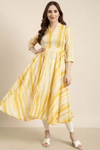 women's calf length v-neck yellow embellished anarkali kurta