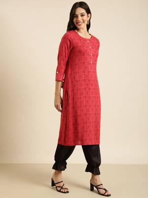 women's calf length round neck red geometric straight kurta 3