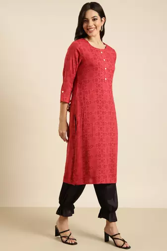 women's calf length round neck red geometric straight kurta