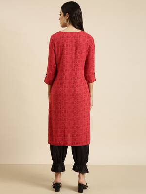 women's calf length round neck red geometric straight kurta 4