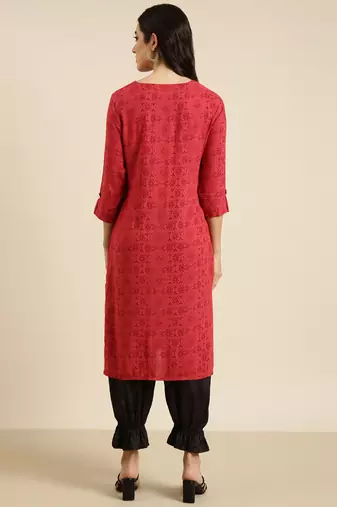 women's calf length round neck red geometric straight kurta
