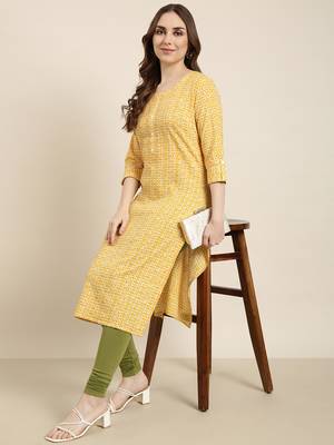 women's calf length round neck yellow floral straight kurta 1
