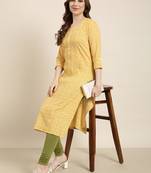 women's calf length round neck yellow floral straight kurta