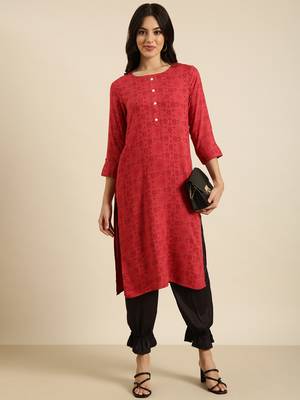 women's calf length round neck red geometric straight kurta 5