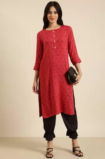 women's calf length round neck red geometric straight kurta