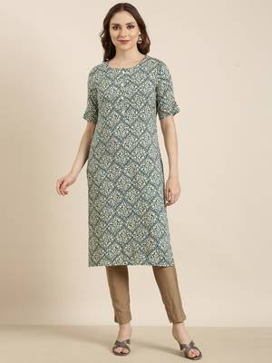 women's calf length round neck teal ethnic motifs straight kurta 2