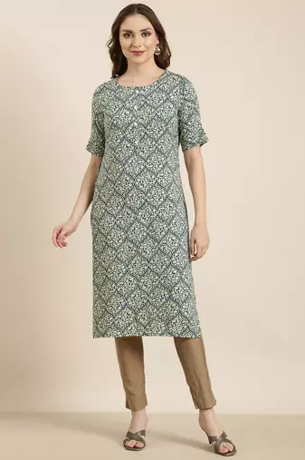 women's calf length round neck teal ethnic motifs straight kurta