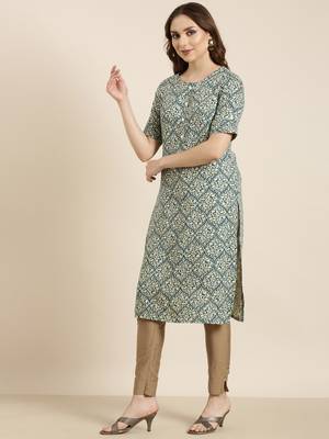women's calf length round neck teal ethnic motifs straight kurta 3