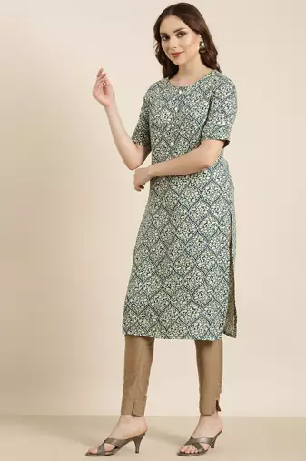 women's calf length round neck teal ethnic motifs straight kurta