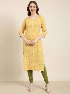 women's calf length round neck yellow floral straight kurta 2