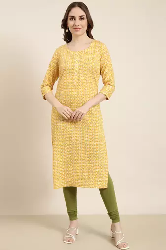 women's calf length round neck yellow floral straight kurta