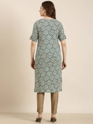 women's calf length round neck teal ethnic motifs straight kurta 4