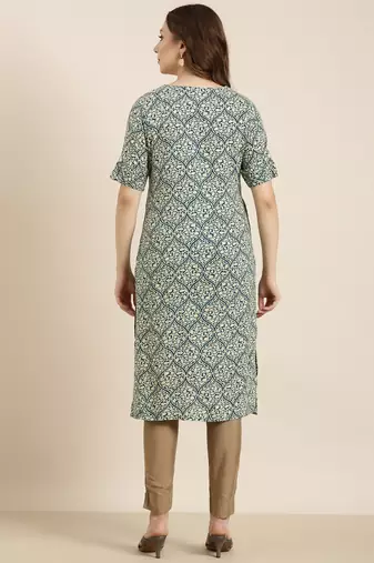 women's calf length round neck teal ethnic motifs straight kurta