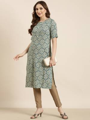 women's calf length round neck teal ethnic motifs straight kurta 5
