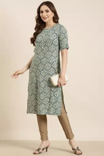 women's calf length round neck teal ethnic motifs straight kurta