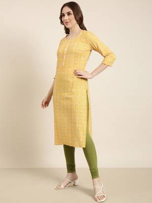 women's calf length round neck yellow floral straight kurta 3