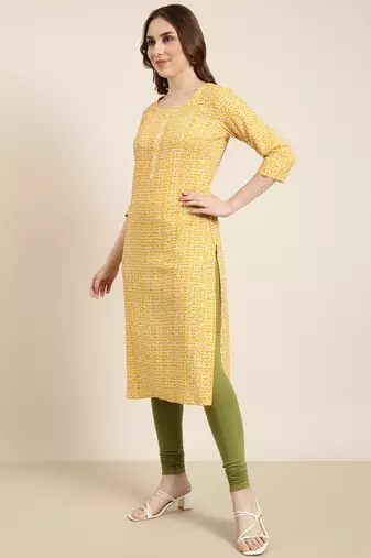 women's calf length round neck yellow floral straight kurta