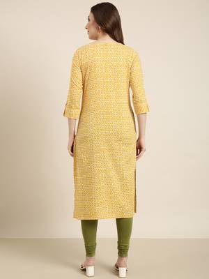 women's calf length round neck yellow floral straight kurta 4