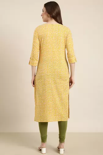 women's calf length round neck yellow floral straight kurta