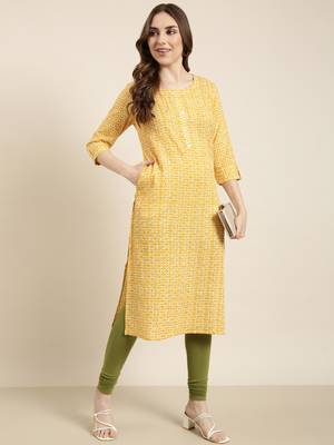 women's calf length round neck yellow floral straight kurta 5