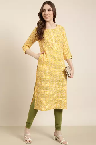 women's calf length round neck yellow floral straight kurta
