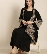women's calf length round neck black solid a-line kurta