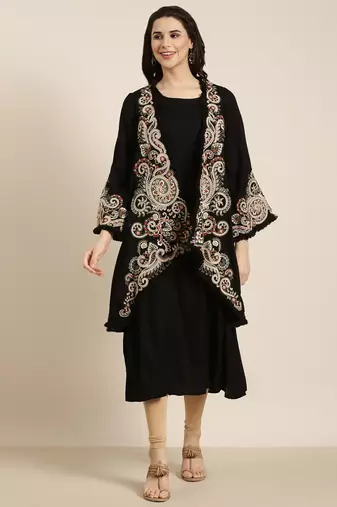 women's calf length round neck black solid a-line kurta
