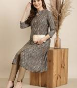 women's calf length mandarin collar grey ethnic motifs a-line kurta