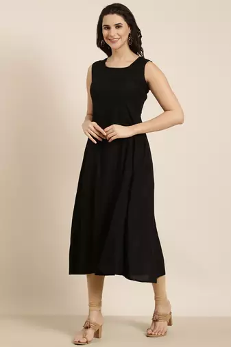 women's calf length round neck black solid a-line kurta