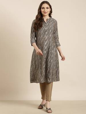 women's calf length mandarin collar grey ethnic motifs a-line kurta 2