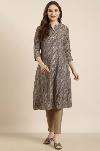 women's calf length mandarin collar grey ethnic motifs a-line kurta