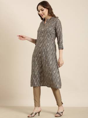 women's calf length mandarin collar grey ethnic motifs a-line kurta 3