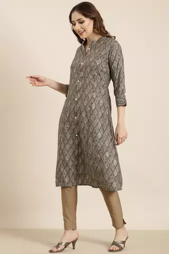 women's calf length mandarin collar grey ethnic motifs a-line kurta