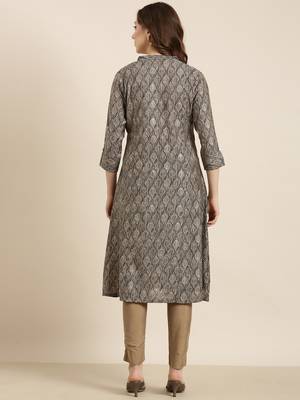 women's calf length mandarin collar grey ethnic motifs a-line kurta 4