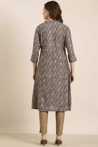 women's calf length mandarin collar grey ethnic motifs a-line kurta