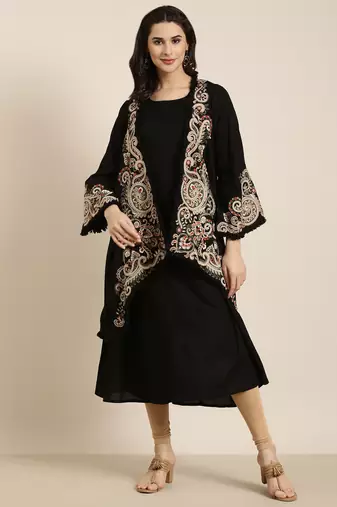 women's calf length round neck black solid a-line kurta