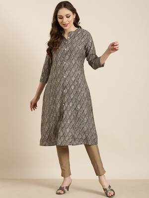 women's calf length mandarin collar grey ethnic motifs a-line kurta 5