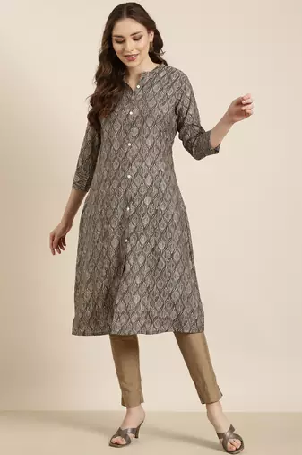 women's calf length mandarin collar grey ethnic motifs a-line kurta