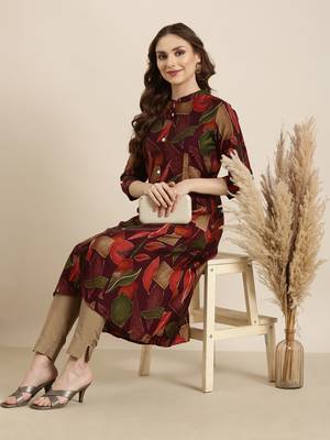 Showoff women's calf length mandarin collar purple floral a-line kurta 1