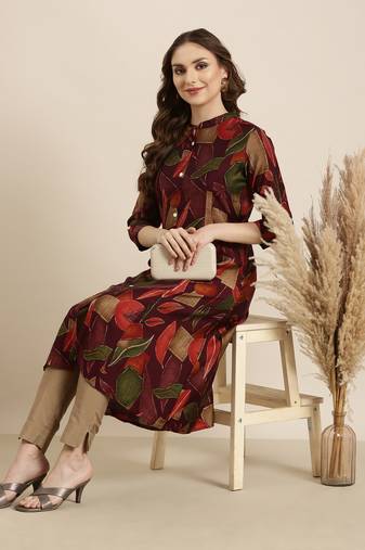 Showoff women's calf length mandarin collar purple floral a-line kurta