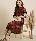 Showoff women's calf length mandarin collar purple floral a-line kurta