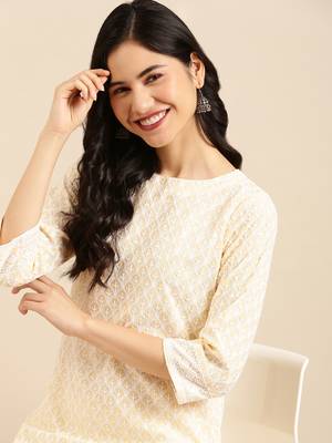 women's calf length round neck yellow solid straight kurta 1
