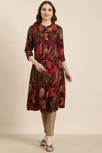 Showoff women's calf length mandarin collar purple floral a-line kurta