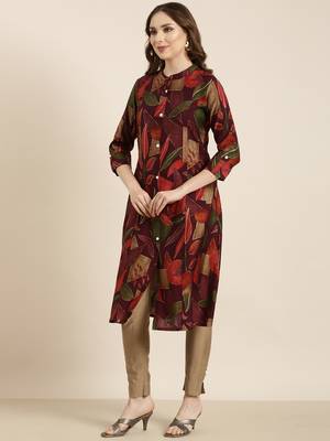 Showoff women's calf length mandarin collar purple floral a-line kurta 3