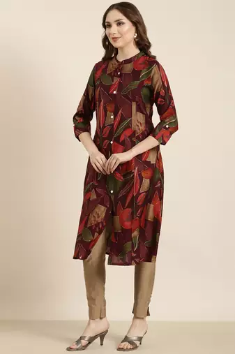 Showoff women's calf length mandarin collar purple floral a-line kurta