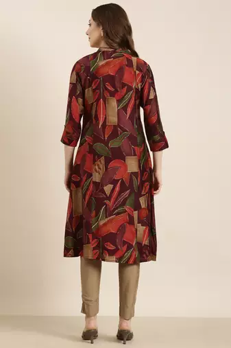 Showoff women's calf length mandarin collar purple floral a-line kurta