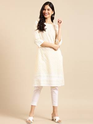 women's calf length round neck yellow solid straight kurta 3