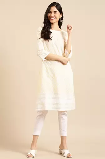 women's calf length round neck yellow solid straight kurta